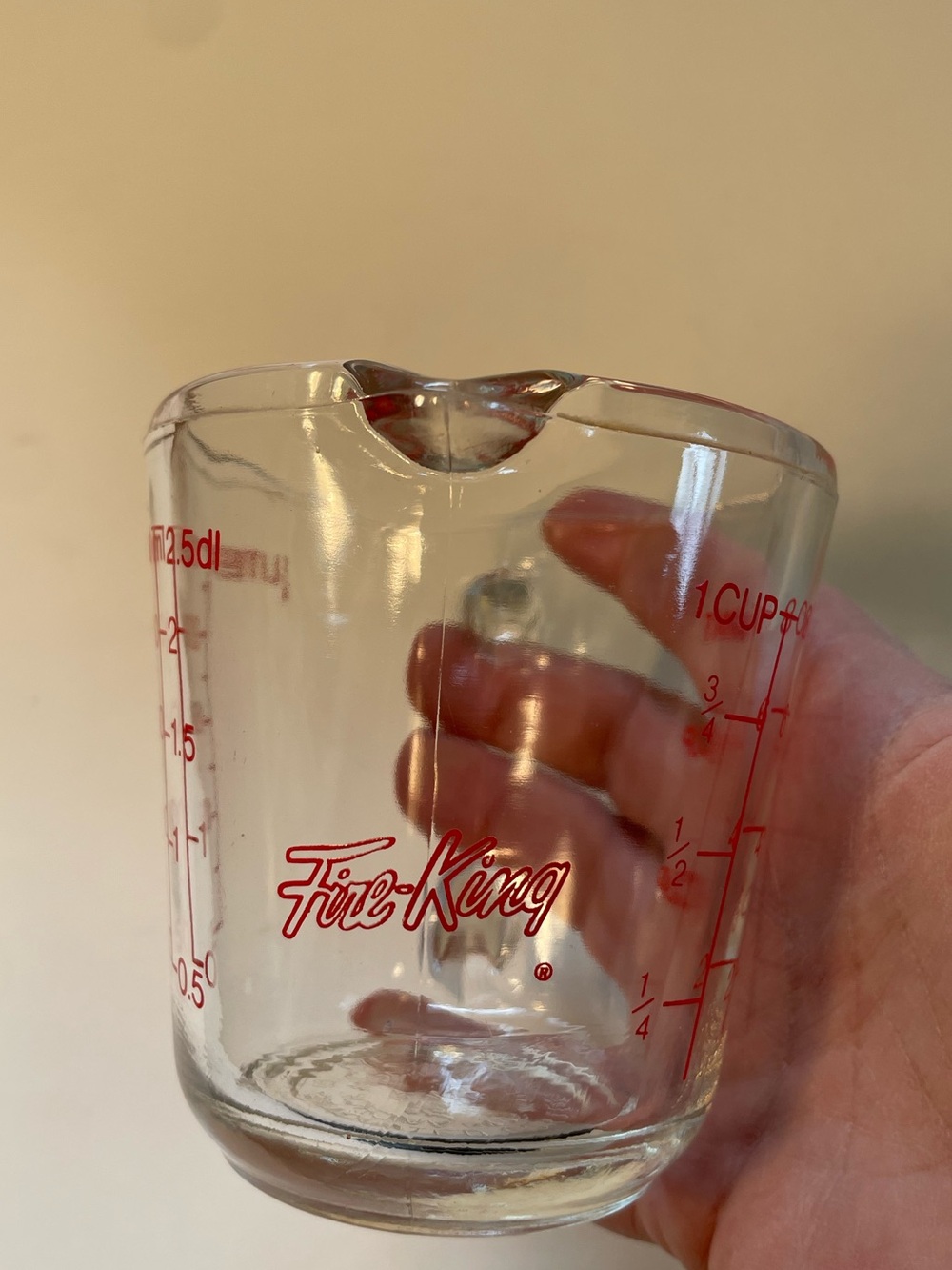 Vintage Fire-King 1 Cup Glass Measuring Cup Anchor Hocking Red Graphics USA
